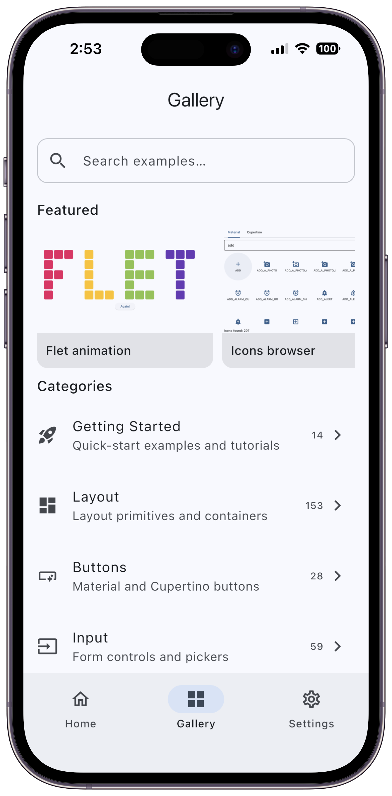 Flet Gallery running on an iPhone